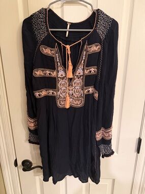 Free People Embroidered Long-Sleeve Boho Dress with Coral Accents